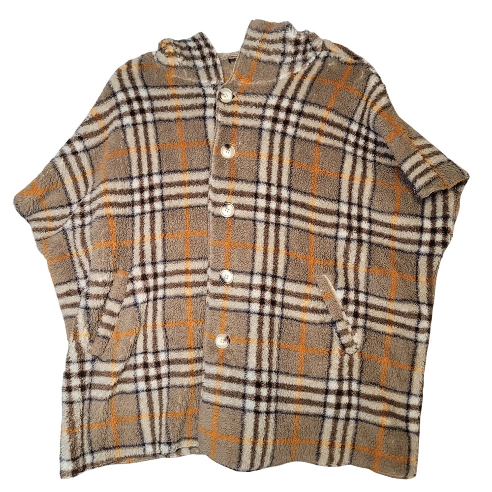 La La Muse Plaid Hooded Poncho Sherpa Fleece Button Front OrangeTan OS Academia